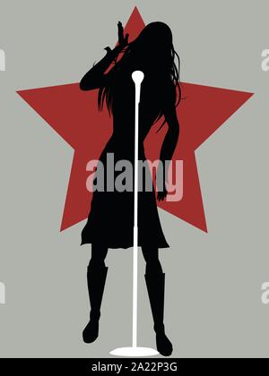 Black Silhouette Of Female Singer With Microphone Over Gray Background With Red Star Stock Vector