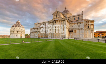 Pisa old town main suqare with tower of Pisa, Pisa cathedral and baptistery church Stock Photo