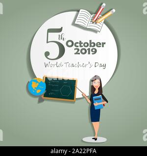 5 October World Teacher's day- teacher with pointer and globe board pencils and book  square-Vector Illustration Stock Vector