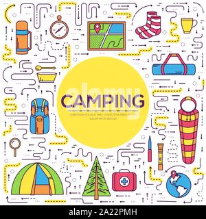 Icons for your product or design, web and mobile applications. Vector flat with long shadow illustration on blue background. Camping equipment set circle infographics template concept. Stock Vector