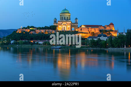 Basilica of Esztergom with refelctions. Included the Danube river Stock Photo