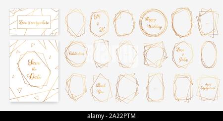 Modern abstract elements of geometrical polyhedron. Gold collection art deco style for wedding invitation. Templates luxury decorative patterns vector illustration on backgrounds Stock Vector