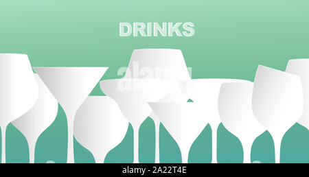 Unhealthy drinks. White empty glasses for beverages on green background, panorama Stock Photo