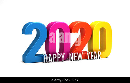 Happy New Year 2020 colorful numbers with text holiday greeting card background . 3D Render Illustration Stock Photo