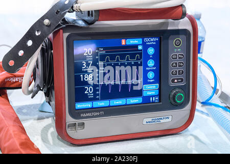 Portable intensive care unit ventilator used in ambulances, helicopters and airplanes Stock Photo