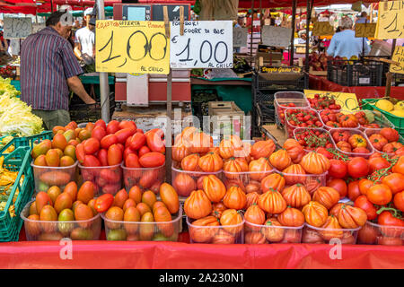 Large variety of tomatoes on a stall at Mercato di Porta Palazzo a large open air market in Europe selling a huge variety of fresh produce Turin Italy Stock Photo