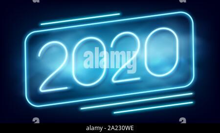 2020 Happy new year. Neon text with light. Design of greeting card. Vector illustration. Stock Vector