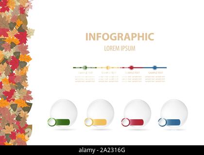 Infographics vector with autumn design containing four blank transparent balls with horizontal metal labels  ready for your text. Colorful fallen autu Stock Vector