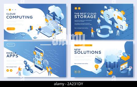 Mobile app Development and Innovative Solution. Modern Vector illustration of Landing page design templates. Set for Cloud Computing, Cloud Storage. Easy to customize concepts for websites Stock Vector