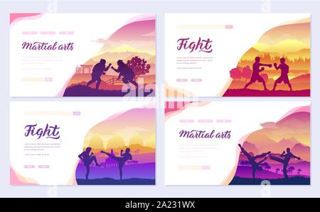 Representatives of traditional fighters from all over the world brochure cards set. Fighting style battle nature template of flyear, web banner, ui header, enter site. Layout modern slider page Stock Vector
