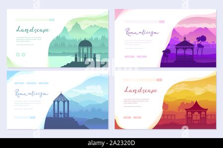 Peace and tranquility anywhere in the world/Anywhere in the world there are landscapes that can be seen from the gazebo at the top of the mountain or on the lake. Each piece as a separate postcard with a view of nature. Everyone can find a place to their liking. Soft lines and pleasant to the eye color plunges into an atmosphere of peace and romance Stock Vector