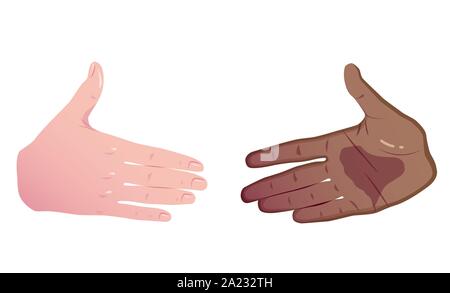 interracial business. Equality in trade. Two hands white and black before handshake. Vector Flat Concept Isolated on white background. Stock Vector