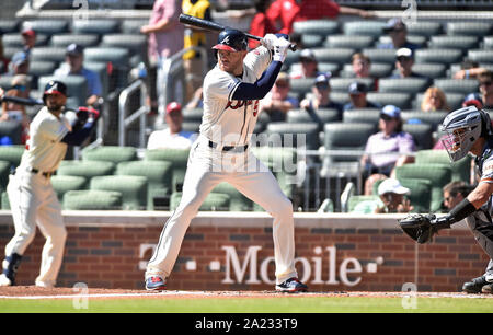 Atlanta, GA, USA. 22nd Sep, 2019. Atlanta Braves third baseman Austin Riley  during the third inning of a MLB game against the San Francisco Giants at  SunTrust Park in Atlanta, GA. Austin