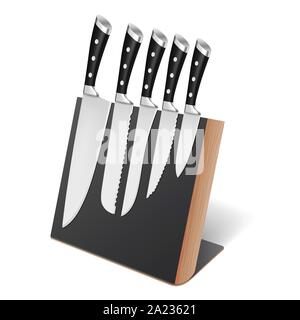 Set of professional knives on magnetic holder, rack Stock Vector