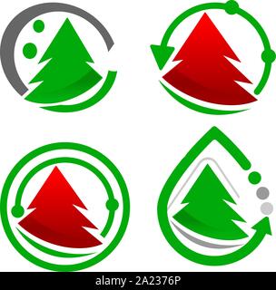 set Pine Tree Logo Vector, green and red color Stock Vector