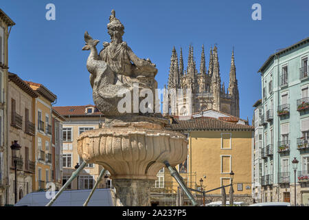 Fountain of La Flora in Huerto del Rey square with the dome of the cathedral in the background in the city of Burgos, Castile and Leon, Spain, Europe Stock Photo