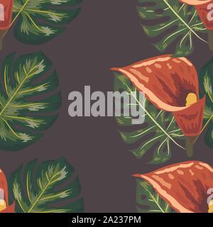 Seamless pattern with pink and purple calla lilies, illustration. Stock Vector