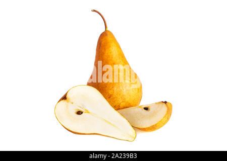 Organic pear. Fruit with half and quarter isolated on white background. Stock Photo