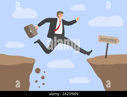 Challenges and success . Businessman Jumping over the abyss. Concept of business risks, overcoming obstacles in work, hard way to success. Vector