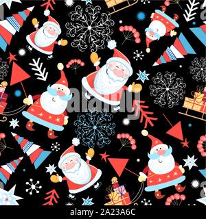 Seamless pattern of Santa Claus and Christmas trees on a dark background with snowflakes. Festive seamless ornament and design. Stock Vector
