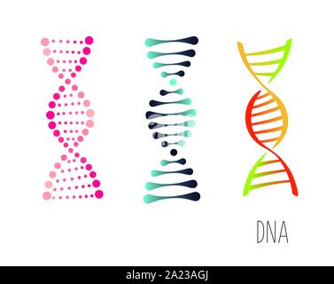 DNA molecule sign set, genetic elements and icons collection strand. Vector color gradient illustration. Stock Vector