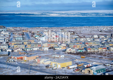 Town of Churchill from the air in early winter, Churchill, Manitoba, Canada Stock Photo