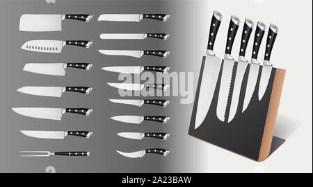 Set of professional knives on magnetic holder, rack Stock Vector