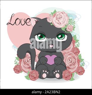 valentine cute black kitten, with the heart ib roses. The picture in hand drawing style, can be used for t-shirt print, wear fashion design, greeting Stock Vector