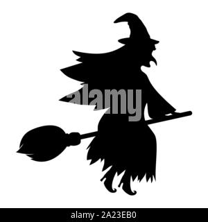 Silhouette witch on a broom and cat, bats, seamless halloween pa Stock