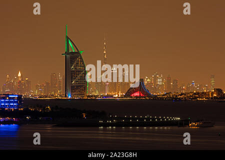 Dubai skyline at night with Burj Khalifa and Burj al Arab Stock Photo