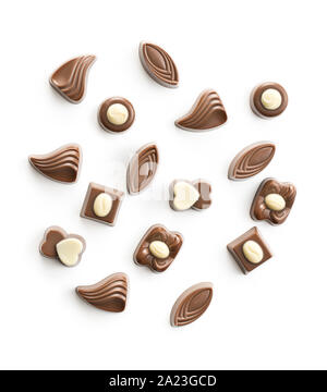 Various chocolate pralines isolated on white background. Stock Photo