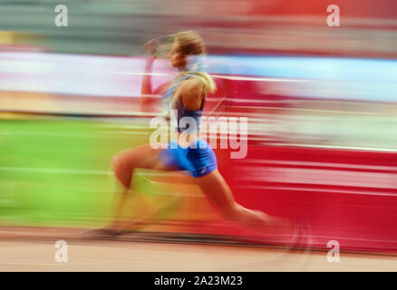 Doha, Qatar. 30th Sep, 2019. Yaroslava Mahuchikh of Ukraine competing in high jump for women during the 17th IAAF World Athletics Championships at the Khalifa Stadium in Doha, Qatar. Ulrik Pedersen/CSM/Alamy Live News Stock Photo