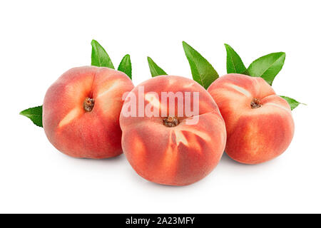 Ripe chinese flat peach fruit with leaf isolated on white background. Stock Photo