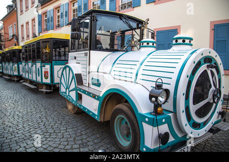 Rudesheimer Winzerexpress is a minitrain that brings passengers to Siegfried Museum, a self playing music museum in Rudesheim, Germany Stock Photo