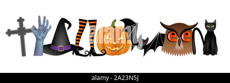 halloween written with cross, zombie hand, witch hat, witch legs, pumpkin, bat, owl and black cat Stock Photo