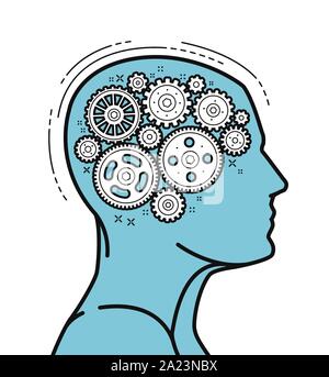 Brain and head, mechanical gears in progress. Vector illustration Stock Vector