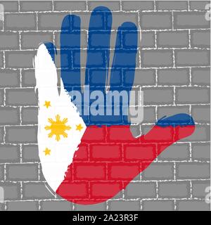 Hand painted with the flag of Philippines over a grunge brick wall - Vector Stock Vector