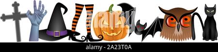 halloween written with cross, zombie hand, witch hat, witch legs, pumpkin, bat, owl and black cat Stock Vector