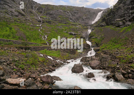 Trollstigen waterfall and scenic mountain road in Norway, Europe