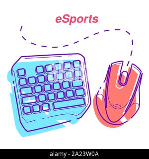 Concept for Minimal Gaming Set: short gaming keyboard and mouse, linear icons filled with color. ESports logo, white backround Stock Vector