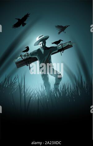 A nightmare halloween scarecrow wearing a hat in a cornfield at night with ravens and crows. Vector illustration. Stock Vector