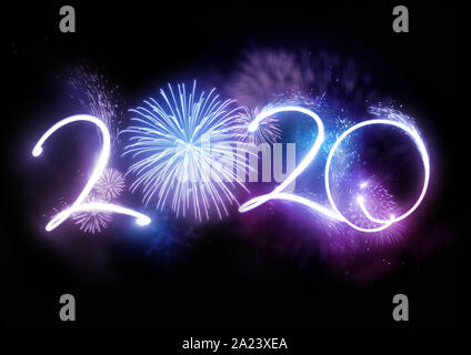 The year 2020 displayed with fireworks and strobes. New year celebration concept. Stock Photo