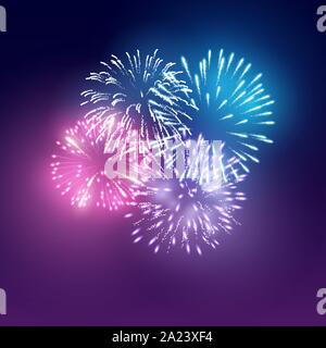 A group of realistic bright fireworks lighting up the night sky. Vector illustration Stock Vector