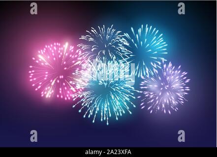 A set of realistic bright fireworks lighting up the night sky. Vector illustration Stock Vector