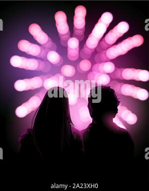 A couple of adults watching a firework display together at night. Celebration vector background. Stock Vector