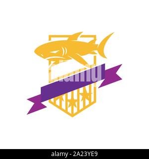Shark Shied Ribbon logo design vector isolated template Stock Vector