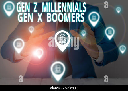 Conceptual hand writing showing Gen Z Millennials Gen X Boomers. Concept meaning Generational differences Old Young showing Male wear formal suit pres Stock Photo