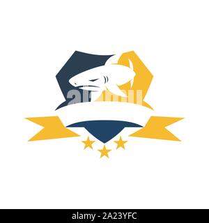 Shark Shield Ribbon Star logo design vector isolated template Stock Vector