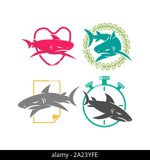 Shark Love Leaf Stopwatch Paper logo design vector set template Stock Vector
