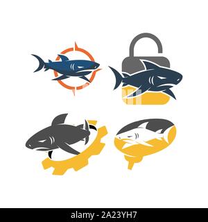 Shark lock gear brain logo design vector set illustration Stock Vector